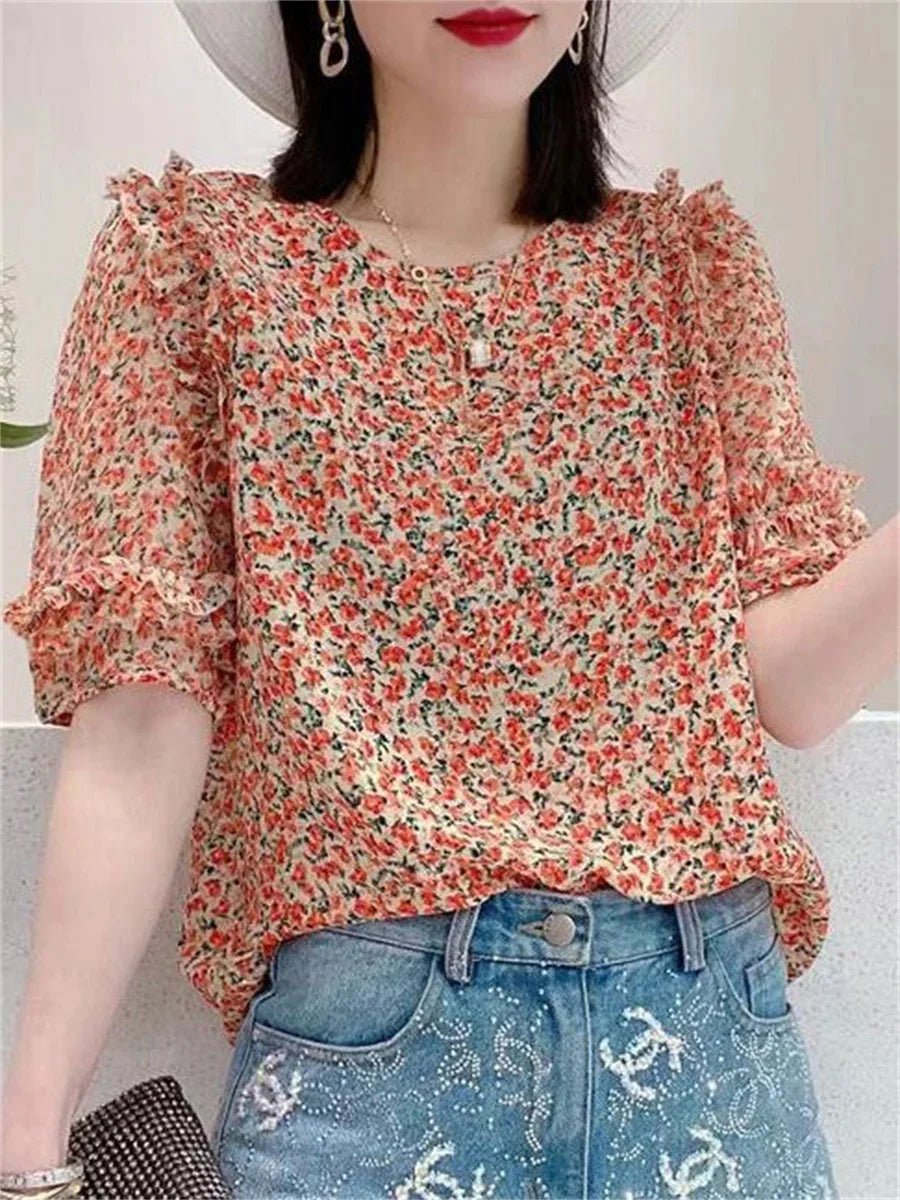 Women's Printed Bow - Tie Blouse – Short Sleeve Summer Top - Bennys Beauty World