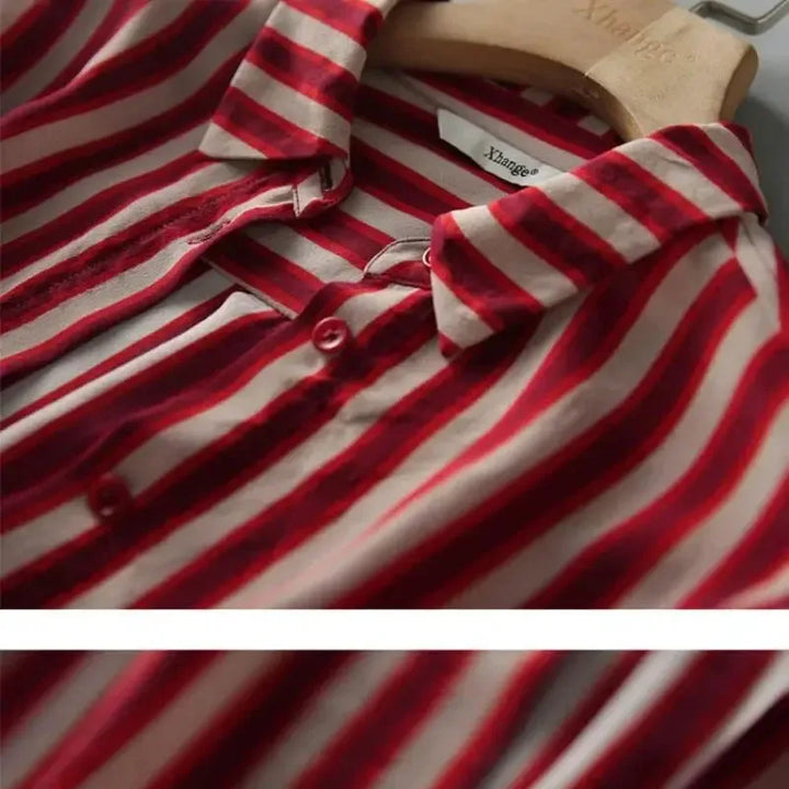 French Style Fashion Spring Shirts New Women's Polo-Neck Striped Single Breasted Simplicity Versatile Loose Long Sleeve Tops-Bennys Beauty World