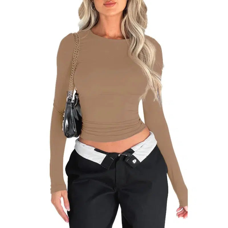 Long Sleeve T-Shirts Fot Women O-Neck Causal Solid Crop Tops-blouse-Bennys Beauty World