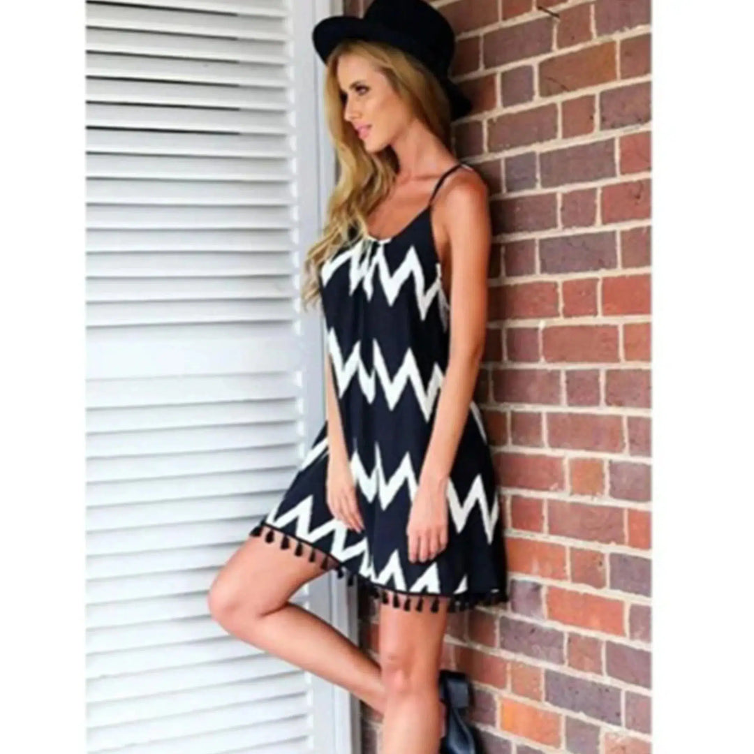 Women's Casual Wave Texture, Halter Top Loose Short Dress, Suitable for Home, Office Attendance-Bennys Beauty World