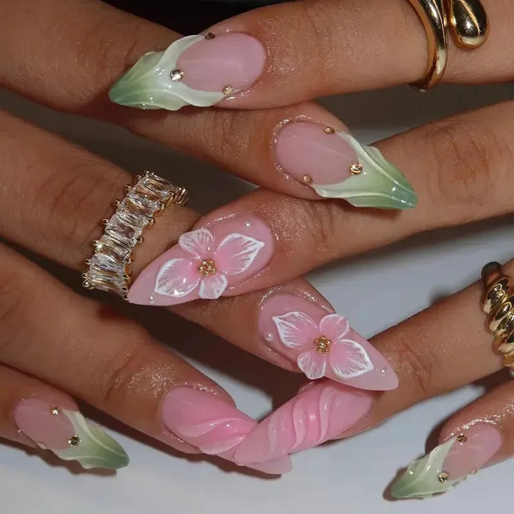 Gradient Pink Almond Press-On Nails – 24 Pcs Flower &amp; Pearl Design False Nails-Nails-Bennys Beauty World