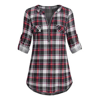 Womens Casual Rolled Sleeve Blouse Sexy Zipped V-neck Plaid Tunic Tops Spring Autumn 2022 Fashion Blouses And Shirts Chemise-Bennys Beauty World