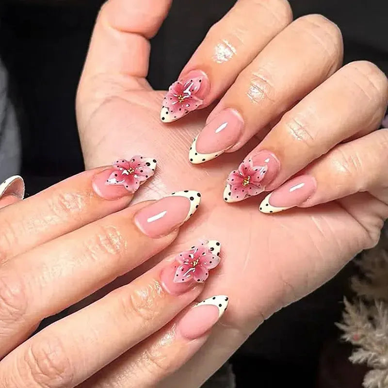 Gradient Pink Almond Press-On Nails – 24 Pcs Flower &amp; Pearl Design False Nails-Nails-Bennys Beauty World