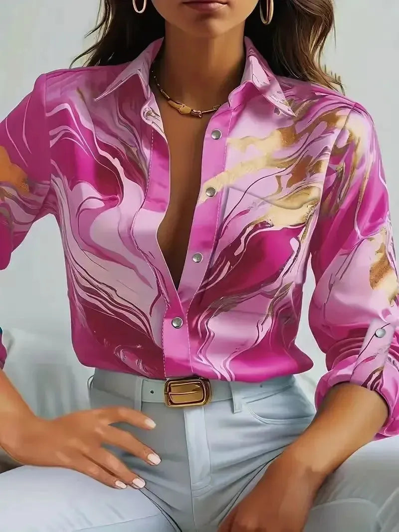 Women’s Printed Button-Up Shirt – Long Sleeve Loose Fit Korean Blouse-Shirt-Bennys Beauty World