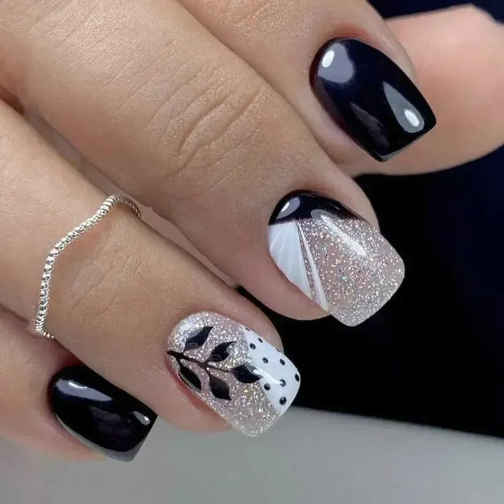 Short Square French Flower Press - On Nails 24 Pcs - Bennys Beauty World