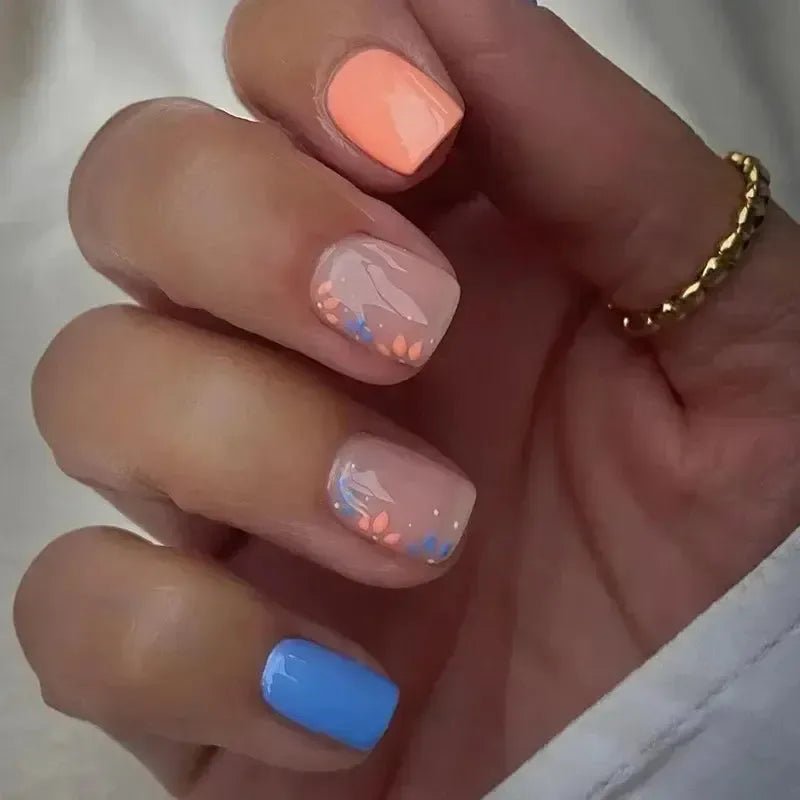 Short Square French Flower Press - On Nails 24 Pcs - Bennys Beauty World