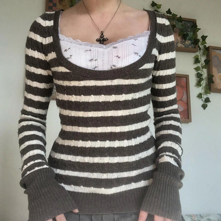 Vintage T Shirt Black Grey Striped V Neck Long Sleeve Jumper Tops
