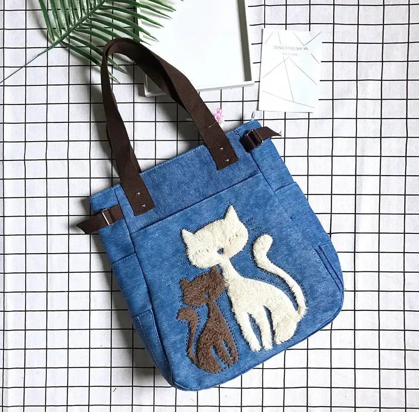 Cute Cat Canvas Shoulder Bag for Women – Plush Rivet Handbag-Bag-Bennys Beauty World
