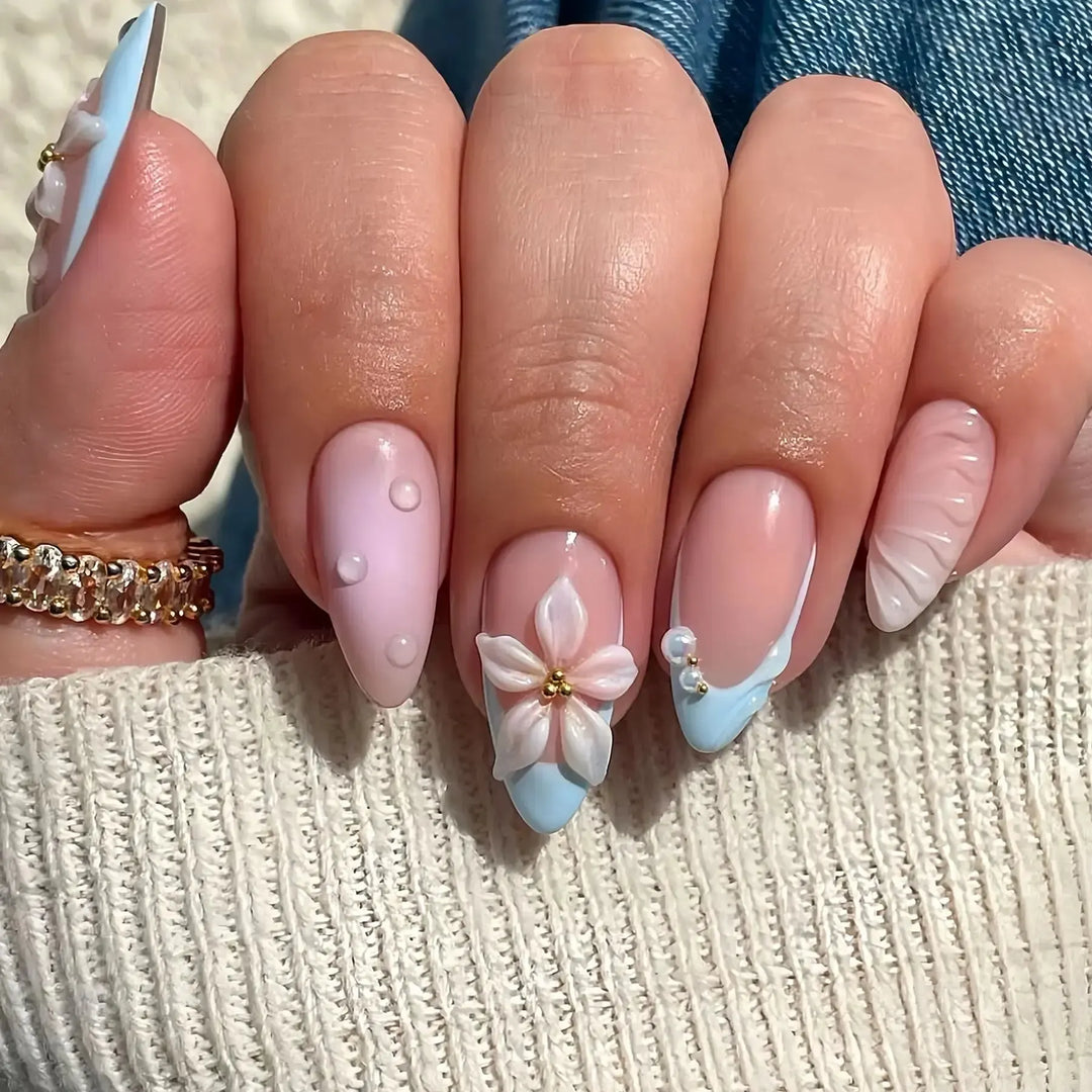 French Almond Press-On Nails – 24 Pcs Blue Star Pattern False Nails-Nails-Bennys Beauty World