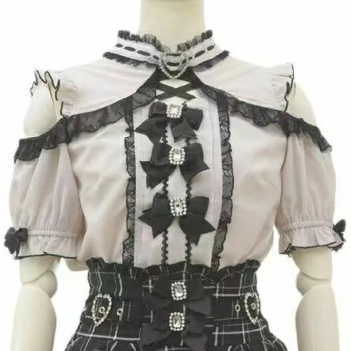 Lace Patchwork Blouse | Sweet Bow Short Sleeve Top