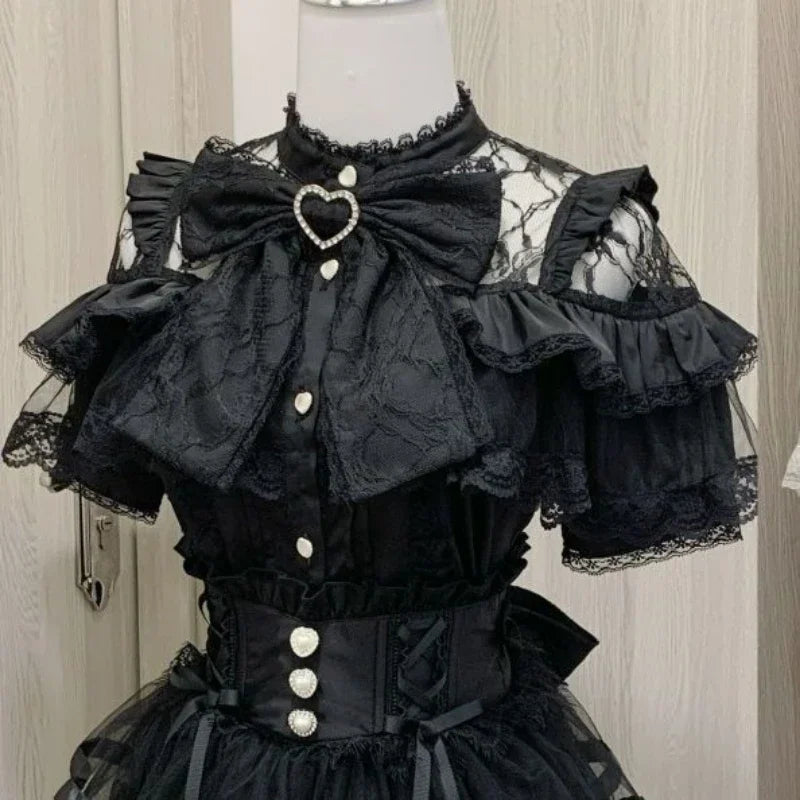 Lace Patchwork Blouse | Sweet Bow Short Sleeve Top