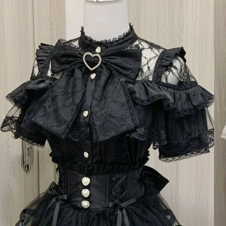 Lace Patchwork Blouse | Sweet Bow Short Sleeve Top
