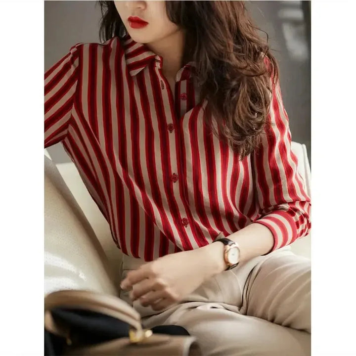 French Style Fashion Spring Shirts New Women's Polo-Neck Striped Single Breasted Simplicity Versatile Loose Long Sleeve Tops-Bennys Beauty World