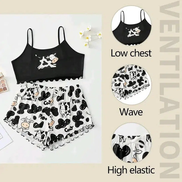 Women Pajamas Sleepwear Pajama Set Sports Camisole And Shorts S M L Black Cow Cartoon Print Ventilate Soft Casual-Bennys Beauty World