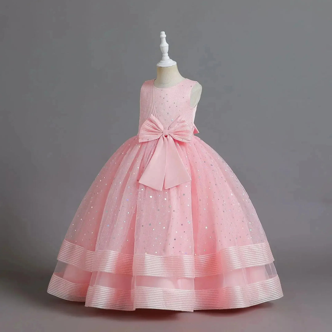 Girls Floral Princess Dress with Bow – Wedding &amp; Party Gown - Bennys Beauty World