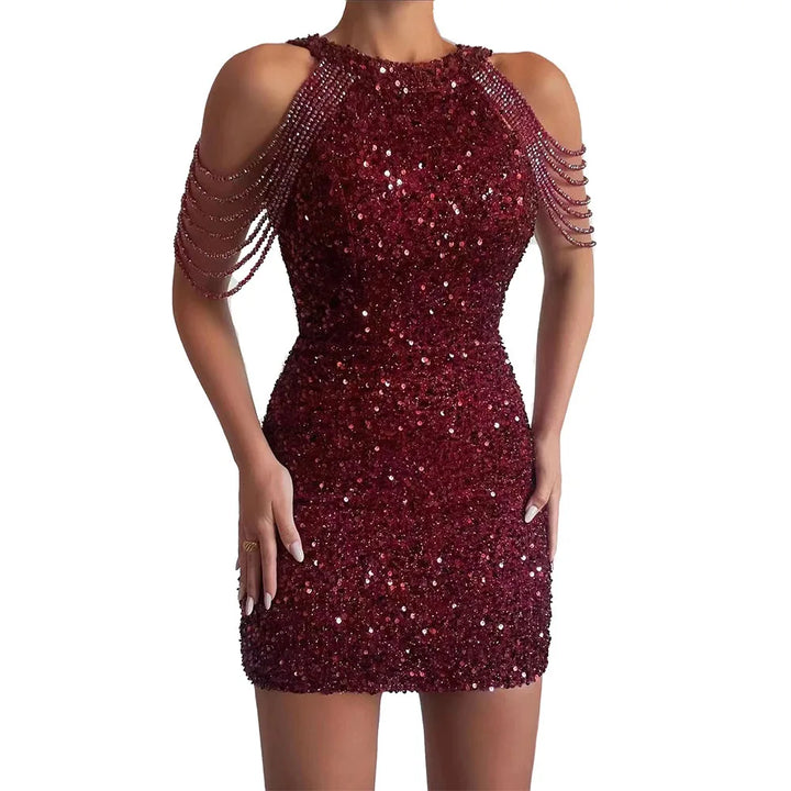 Sequin Bralette A-Line Mini Dress with Tassel Detail