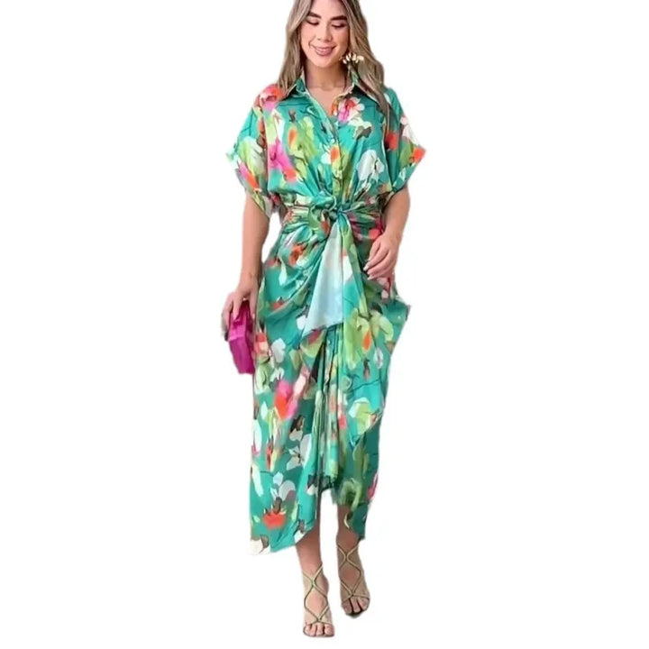 Women Dresses Short Sleeve Turn Down Collar Dress-Dresses-Bennys Beauty World