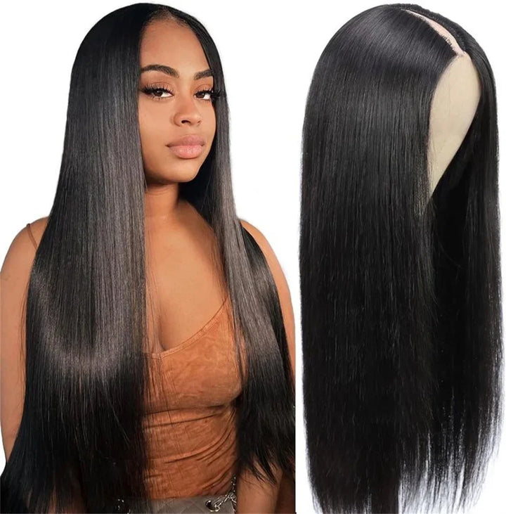 V Part Straight Human Hair Wig — Glueless Remy Brazilian, No Leave Out
