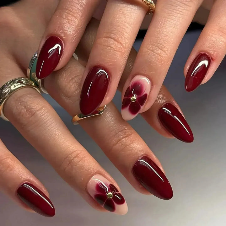 Almond Press-On Nails – 24 Pcs Flower Pattern False Nails | Bennys Beauty World-Nails-Bennys Beauty World