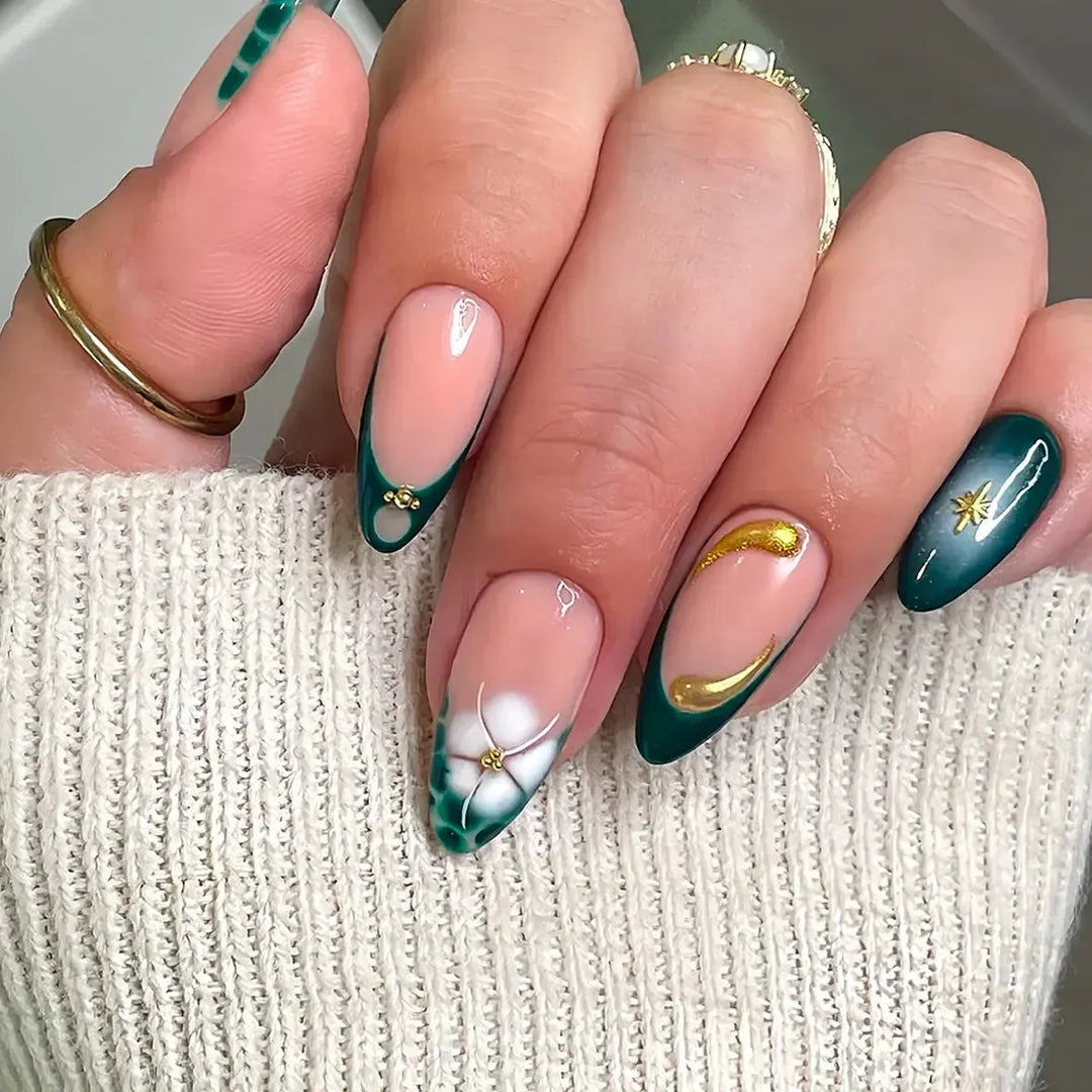 Gradient Pink Almond Press-On Nails – 24 Pcs Flower &amp; Pearl Design False Nails-Nails-Bennys Beauty World