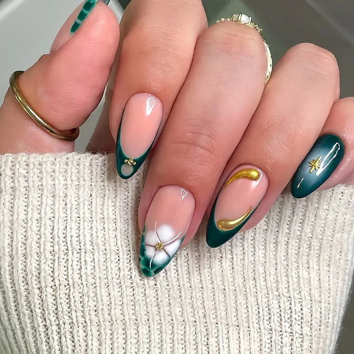 Gradient Pink Almond Press-On Nails – 24 Pcs Flower &amp; Pearl Design False Nails-Nails-Bennys Beauty World
