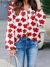 ZANZEA Women Flower Printed Blouse 2023 Summer Long Sleeve Tunic Fashion V-neck Shirt Oversized Holiday Beach Tops Streetwear-Bennys Beauty World