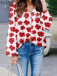 ZANZEA Women Flower Printed Blouse 2023 Summer Long Sleeve Tunic Fashion V-neck Shirt Oversized Holiday Beach Tops Streetwear-Bennys Beauty World