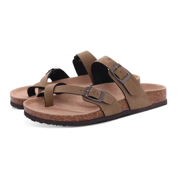 Comwarm Cork Footbed Sandals Women Summer Fashion Suede Flats Sandals With Arch Support Couple Open Toe Beach Slides Adjustable-Bennys Beauty World