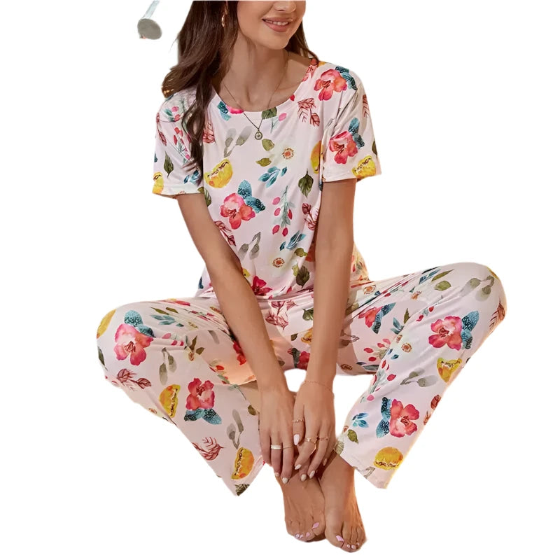 Womens Short Sleeve Pajama Sets Floral Print Top And Long Pants Sleeepwear-pajamas-Bennys Beauty World