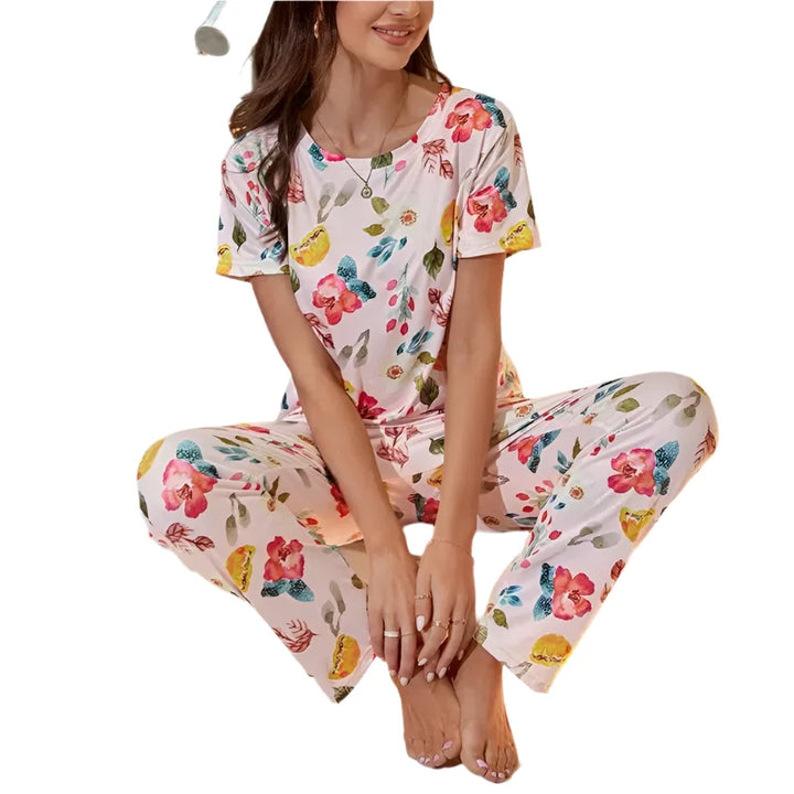 Womens Short Sleeve Pajama Sets Floral Print Top And Long Pants Sleeepwear-pajamas-Bennys Beauty World