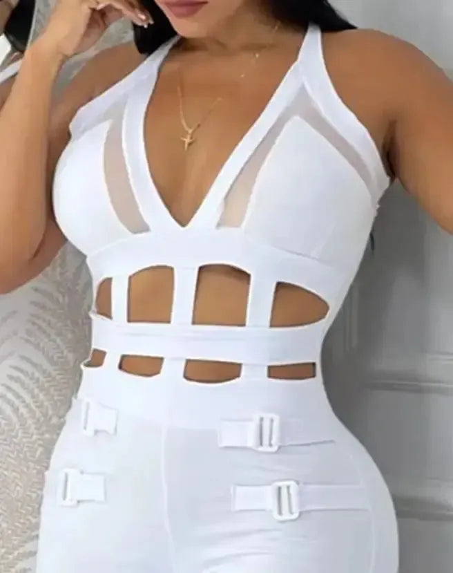 Women's jumpsuit 2025 summer new sleeveless new fashionable hollow camisole buckle comparison mesh tight jumpsuit-Bennys Beauty World