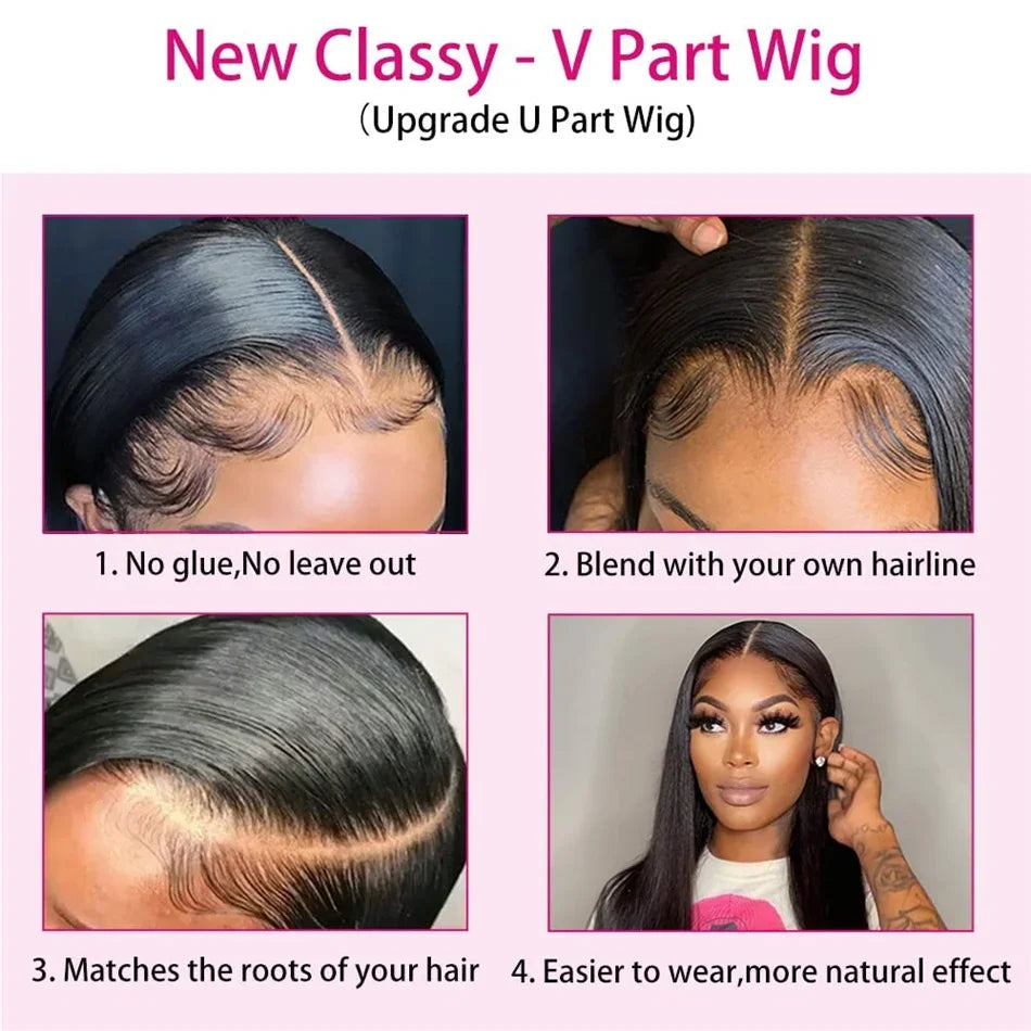 V Part Straight Human Hair Wig — Glueless Remy Brazilian, No Leave Out