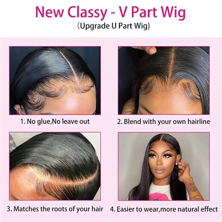 V Part Straight Human Hair Wig — Glueless Remy Brazilian, No Leave Out