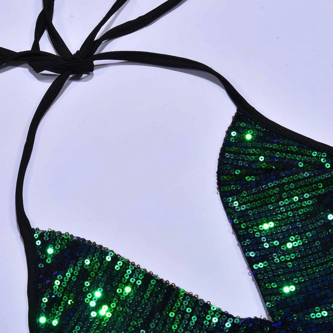 Sequin Halter Backless Mini Dress with Slit