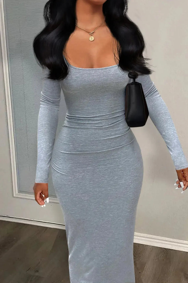 Women Dresses Long Sleeve Sheath Square Collar Slim Fit Dress Vestidos Slight Strech Streetwear Solid Sexy Wrap Buttocks-Bennys Beauty World