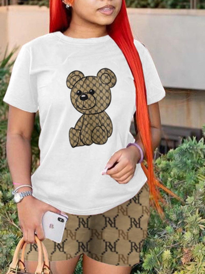 Geometric Bear Print Shorts Set O-Neck Short Sleeve Set-blouse-Bennys Beauty World