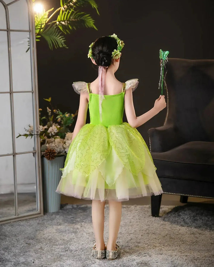 Girls Tinker Bell Fairy Dress – Puff Sleeve Toddler Costume - Bennys Beauty World