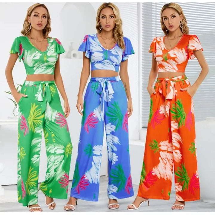 Women's summer V-neck lantern sleeve short top high waisted wide leg pants fashion casual set