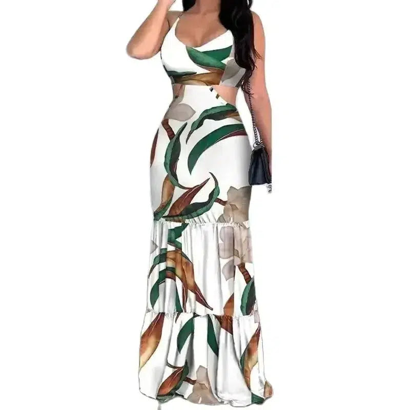 Women Backless Boho Maxi Ruffle Dress