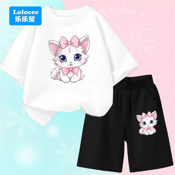 Girls Bow Cat Print T-Shirt &amp; Shorts Set | 2-Piece Summer Outfit | Ages 3–14