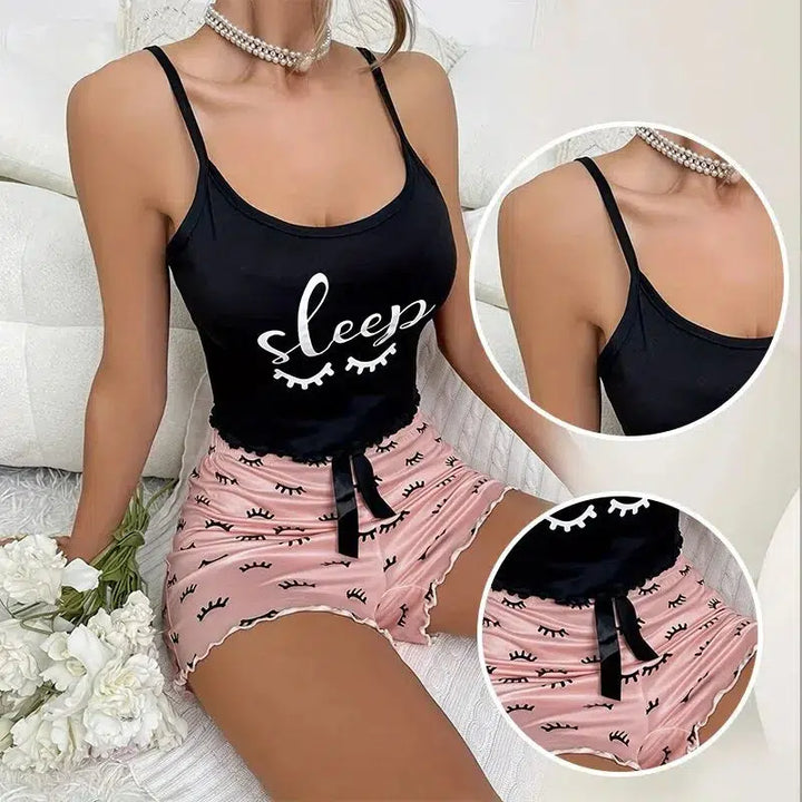 Summer New Two-Piece Printed Eyelash Style Casual V-Neck Pajama Set-clothing-Bennys Beauty World