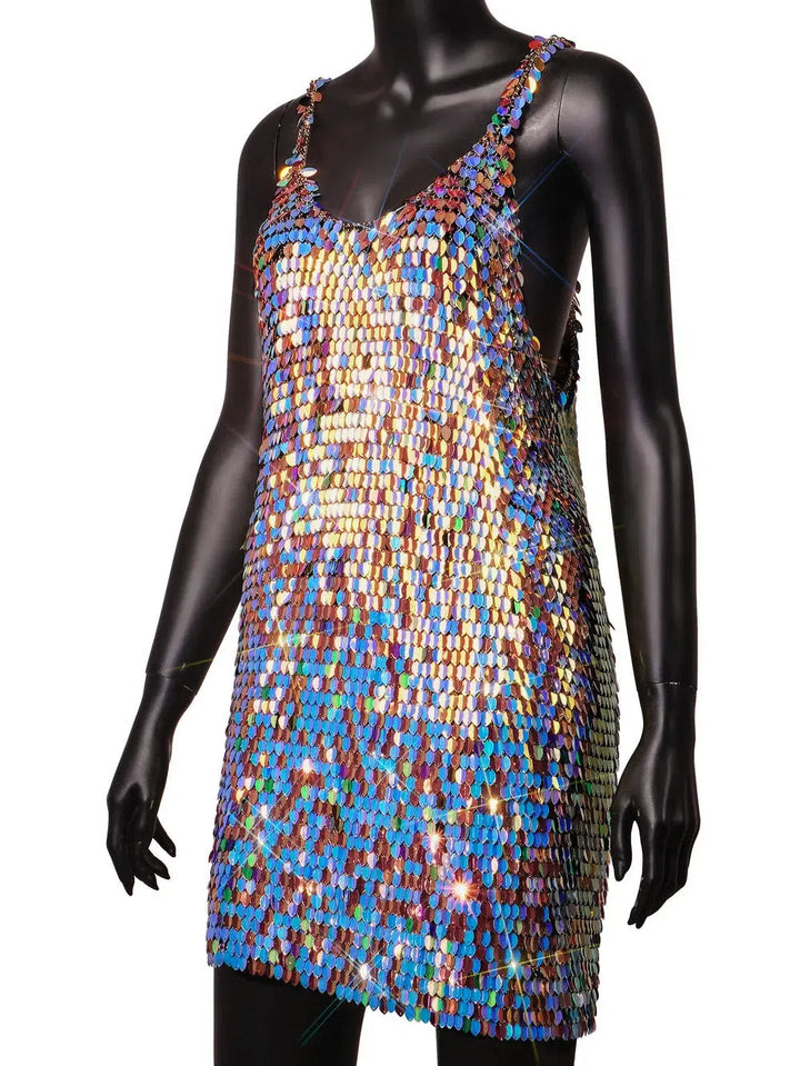 2023 New Handmade Squamous Glitters Party Sequin Mini Dress Dance Stage Costume Rave Wear Multicolor Leaf Chainmail Prom Dress-Bennys Beauty World
