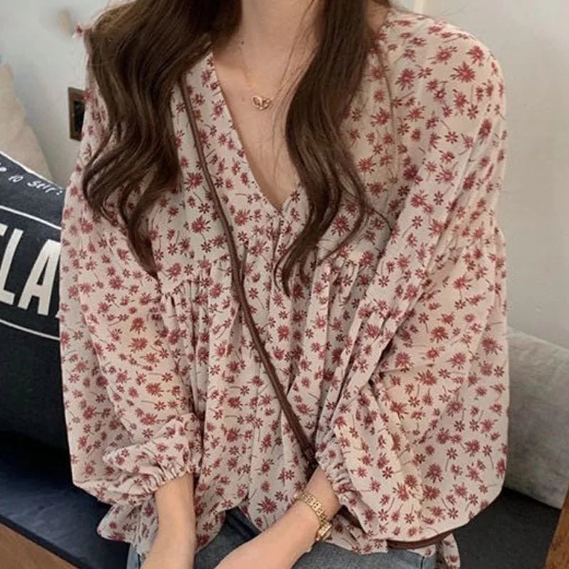 Women's V - Neck Floral Print Puff Sleeve Chiffon Blouse | Korean Style - Bennys Beauty World
