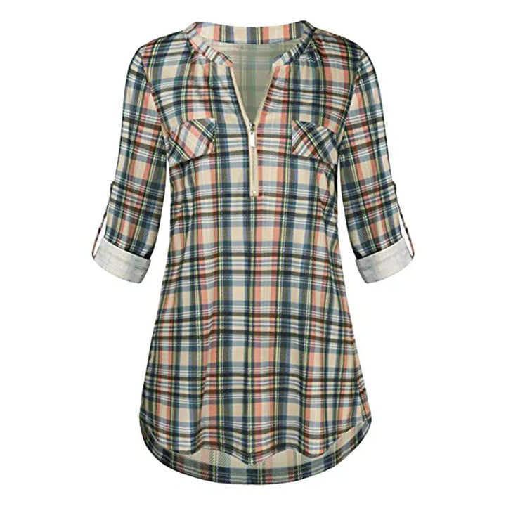 Womens Casual Rolled Sleeve Blouse Sexy Zipped V-neck Plaid Tunic Tops Spring Autumn 2022 Fashion Blouses And Shirts Chemise-Bennys Beauty World