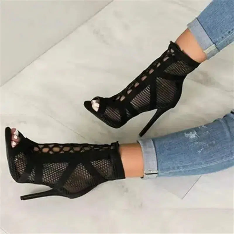New Fashion Show Black Net Fabric Cross Strap Sexy High Heel Sandals Woman Shoes Pumps Lace-up Peep Toe Sandals Casual Mesh-Bennys Beauty World
