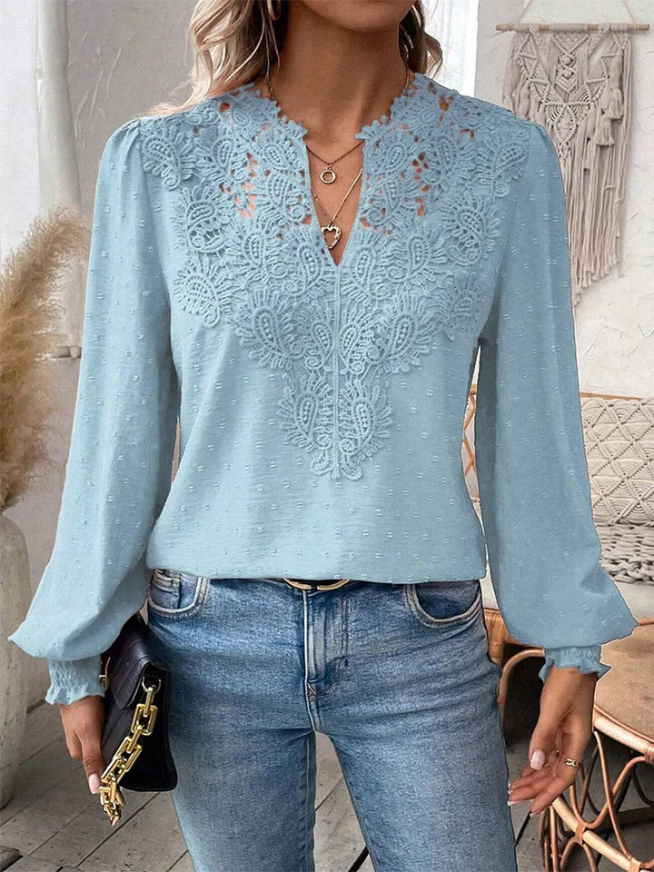Women's Elegant V-Neck Lace Blouse – Long Sleeve Hollow Out Blouse