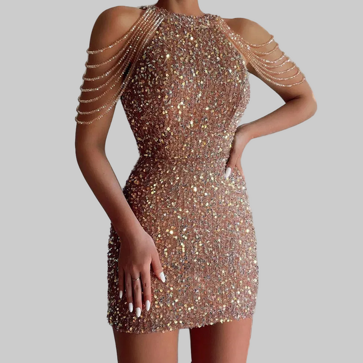 Sequin Bralette A-Line Mini Dress with Tassel Detail
