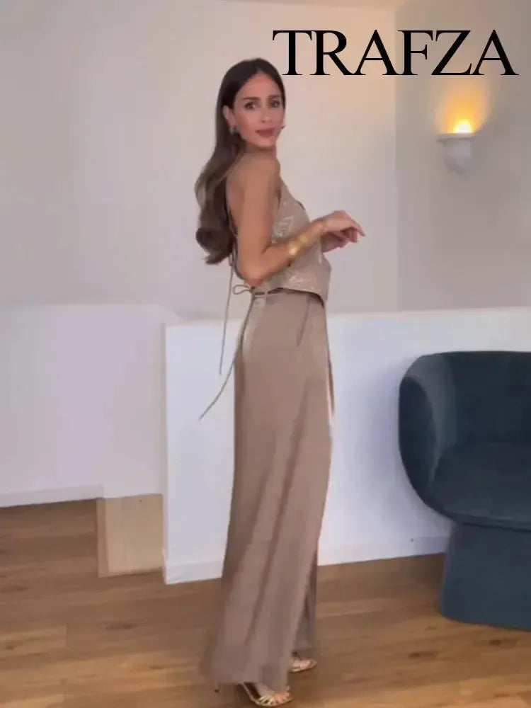 Women's Summer V-Neck Sling Top – Light Brown Sleeveless Camisole-Outfit Set-Bennys Beauty World