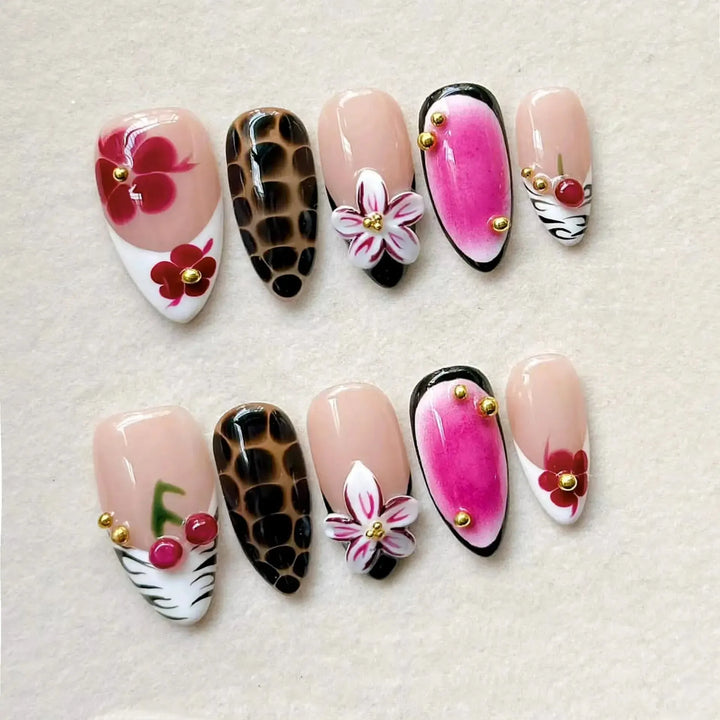 Gradient Pink Almond Press-On Nails – 24 Pcs Flower &amp; Pearl Design False Nails-Nails-Bennys Beauty World