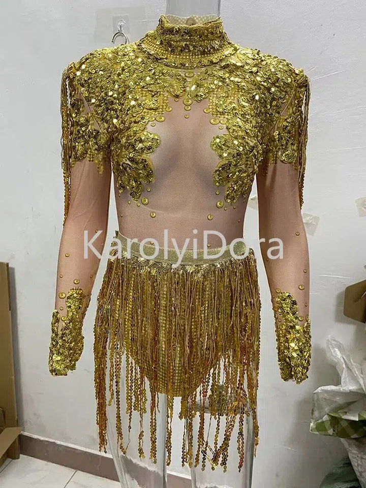 Women's Shining Rhinestone Sequins Tassels Jumpsuit, Stage Outfits, Stretch Fringes Bodysuits, Party Costume, Nightclub, Dancer-Bennys Beauty World